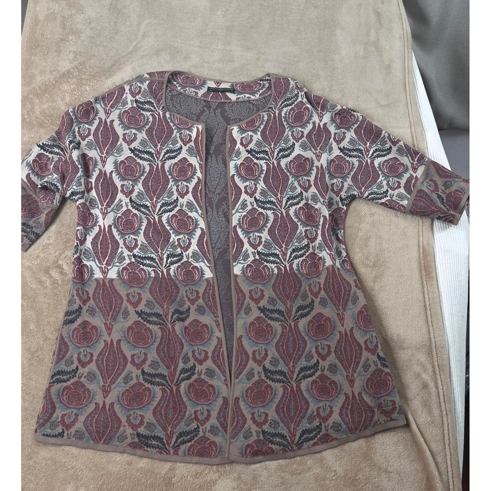Peruvian Connection Open Cardigan Women XL Red Beige Floral Pima Cotton Sweater